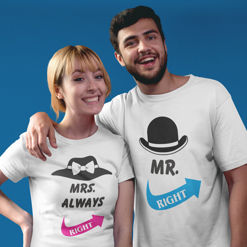 Mr. & Mrs. Right Matching Couple Tshirt for Men & Women Cotton Printed Regular Fit Tshirts- (Set of 2)-08