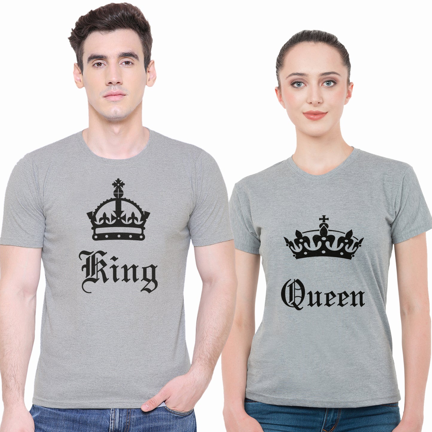 King Queen matching Couple T shirts- Grey
