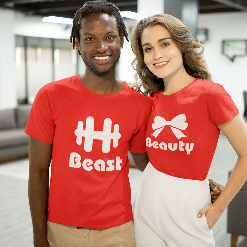 Beauty Beast Matching Couple Tshirt for Men & Women Cotton Printed Regular Fit Tshirts-  (Set of 2)-40