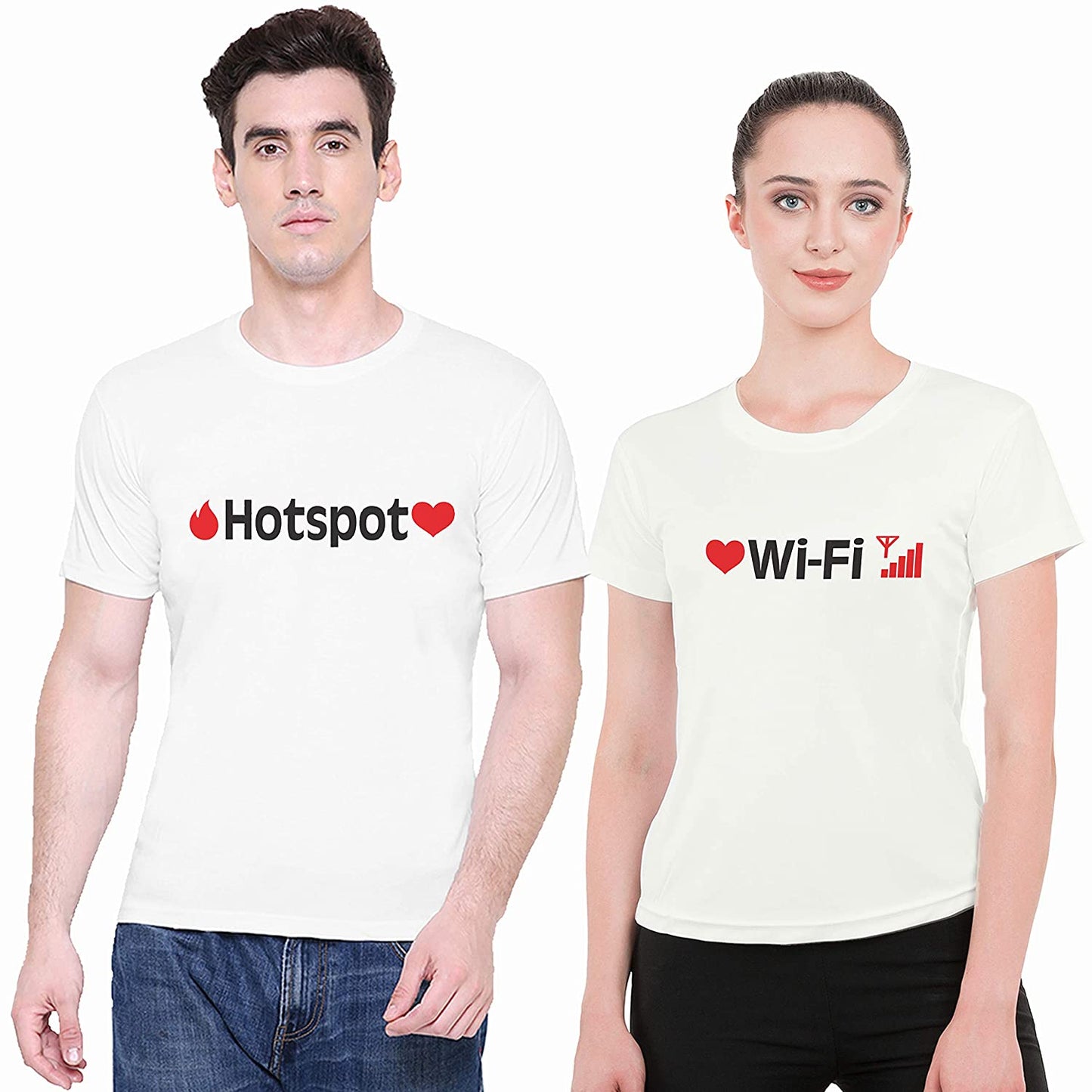 Hotspot Wifi Matching Couple Tshirt for Men & Women Cotton Printed Regular Fit Tshirts-  (Set of 2)-50