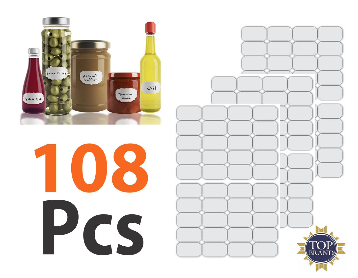 iberry's 108 pieces Waterproof Vinyl Stickers for Mason Jars Glass Bottle, Decals Craft, Kitchen Jar (Paper, 7 cm x 4 cm, White, 108 Piece) (Recty Round & Pointer Edge stickers curly) (3)