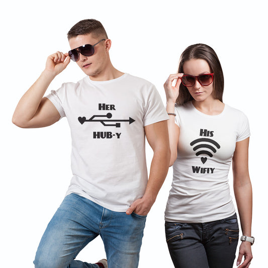 His Hubby Her Wifey matching Couple T shirts- White