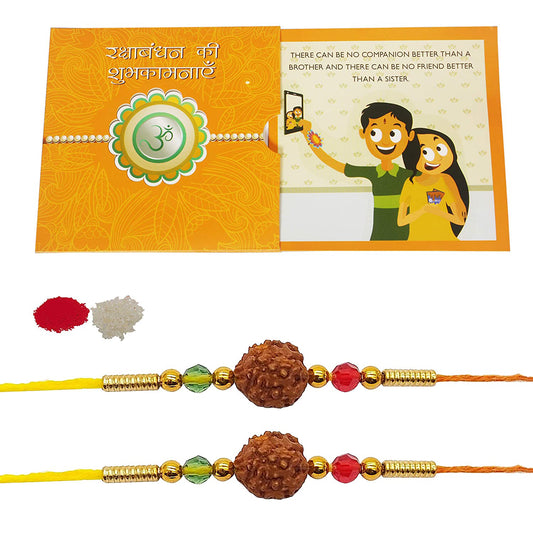 iberry's Rakhi Gift Pack with Set of 2 Rudraksh Rakhi, Greeting Card and Roli Chawal for Brother|Rakhi Combo with Branded Packaging-0202