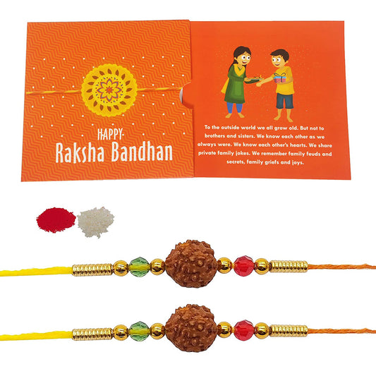 iberry's Rakhi Gift Pack with Set of 2 Rudraksh Rakhi, Greeting Card and Roli Chawal for Brother|Rakhi Combo with Branded Packaging-0101