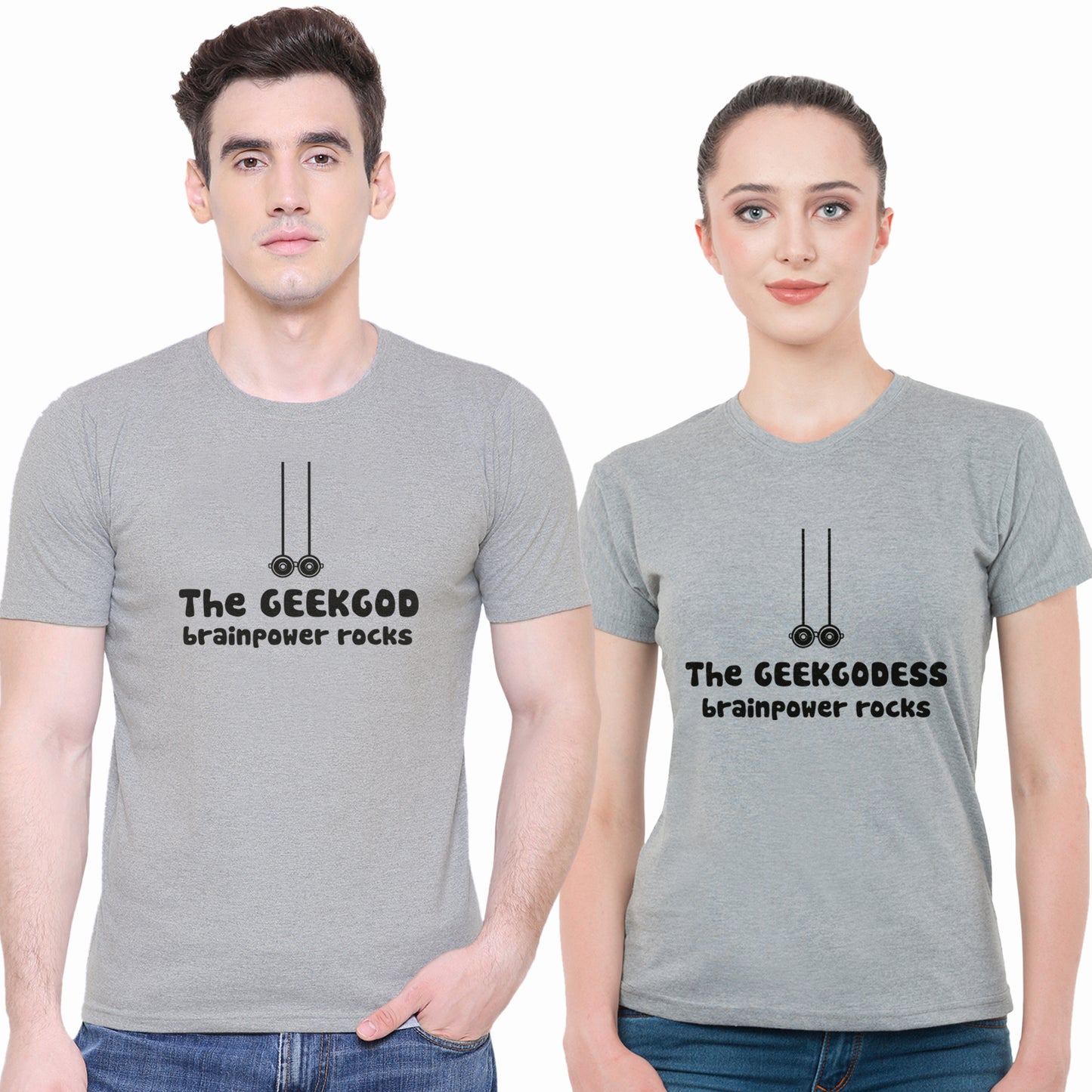 Geek God matching Couple T shirts- Grey