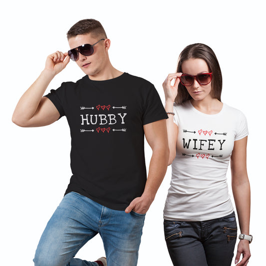 Hubby Wifey 2 matching Couple T shirts- White Black