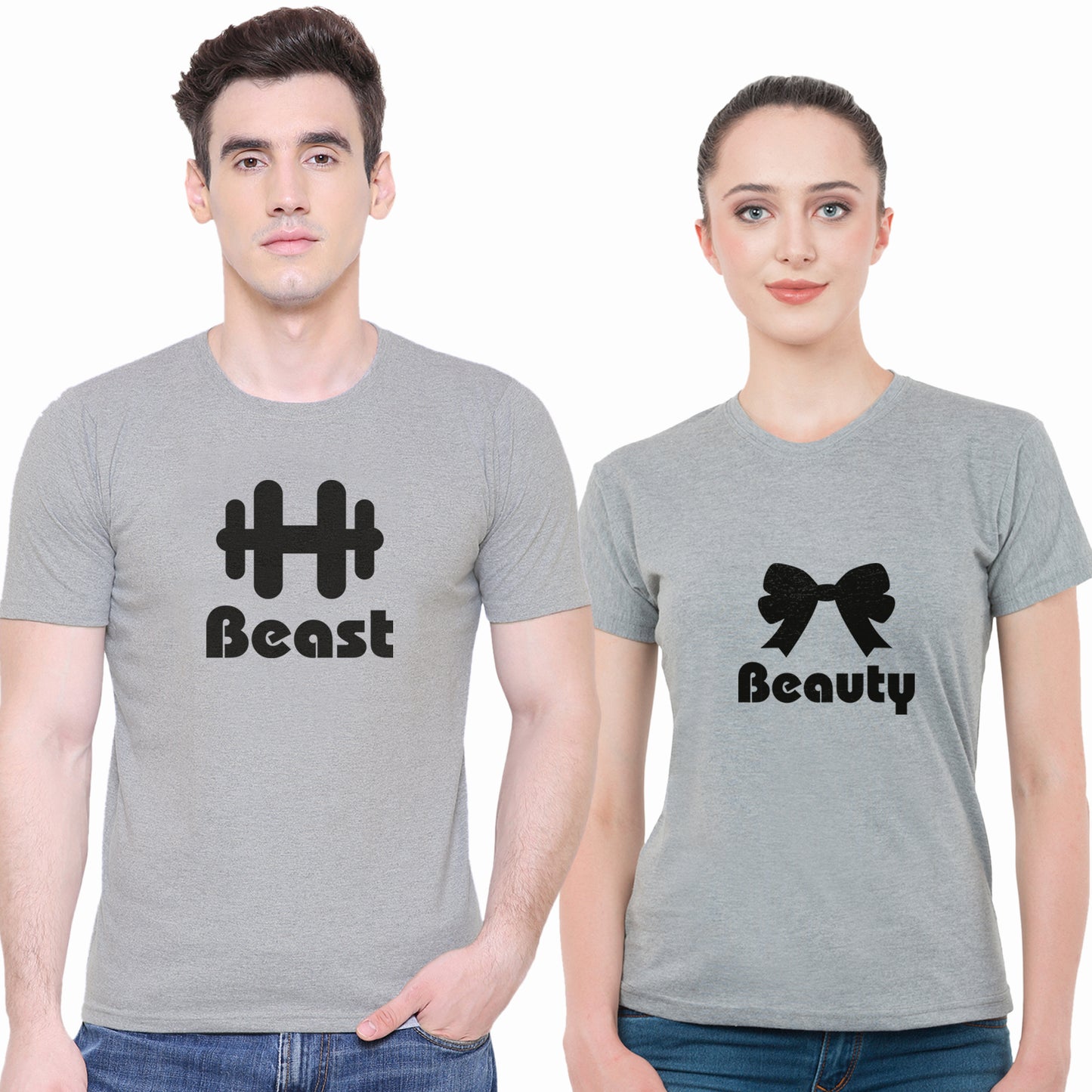 Beauty Beast matching Couple T shirts- Grey