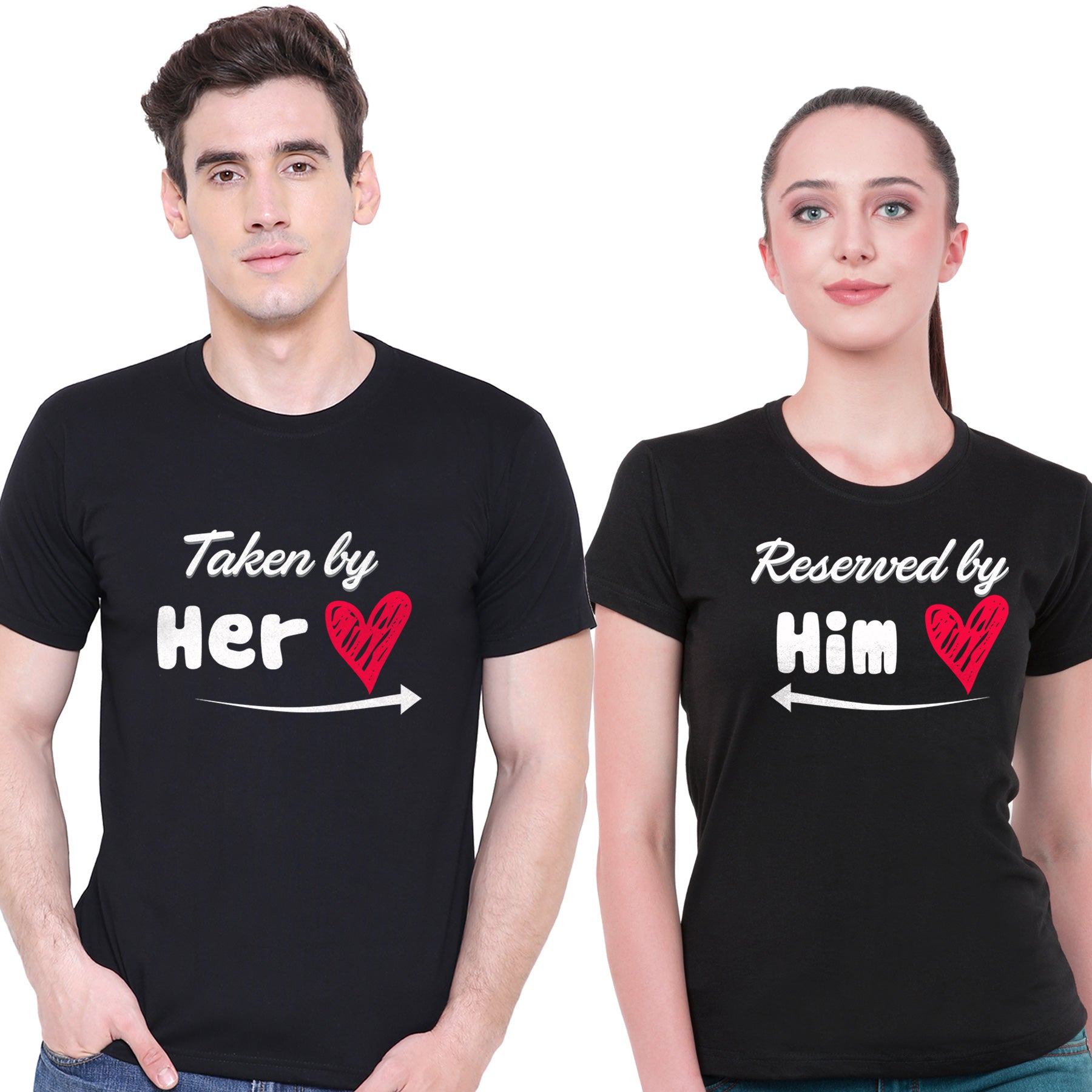 Taken by her Reserved by him matching Couple T shirts- Black