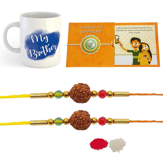 iberry's Set of 2 Rakhi with Raksha Bandhan Card and Roli Chawal and Coffee Mug 350 ml Combo for Men/Boys-03