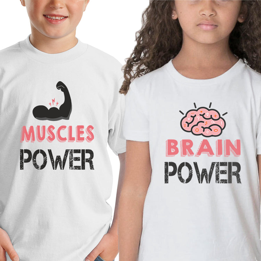 Muscles power- Brain Power Sibling kids t shirts - white
