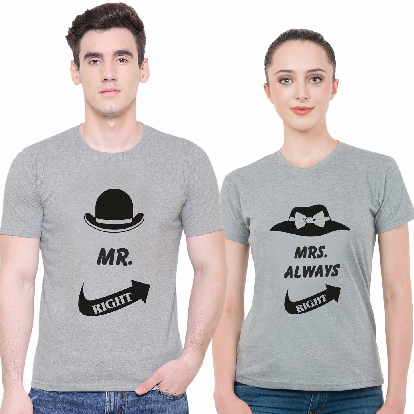 Mr. & Mrs. Right matching Couple T shirts- Grey