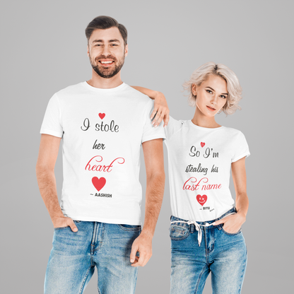 Customized Couple Tshirt- Stole My Heart Matching Couple Tshirt for Men & Women Cotton (Set of 2) White