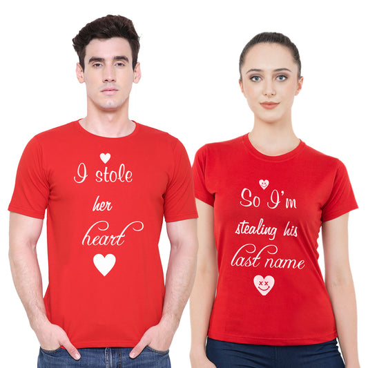 Stole My Heart Matching Couple Tshirt for Men & Women Cotton Printed Regular Fit Tshirts-  (Set of 2)-16