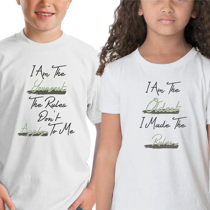 I am the oldest, I made the rules- I am the youngest, the rule don't apply to me Sibling kids t shirts - white