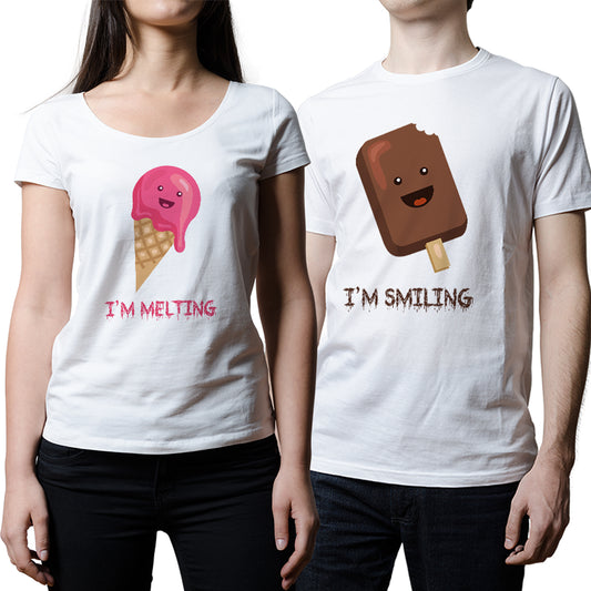 He is Smiling, I am melting matching Couple T shirts- White