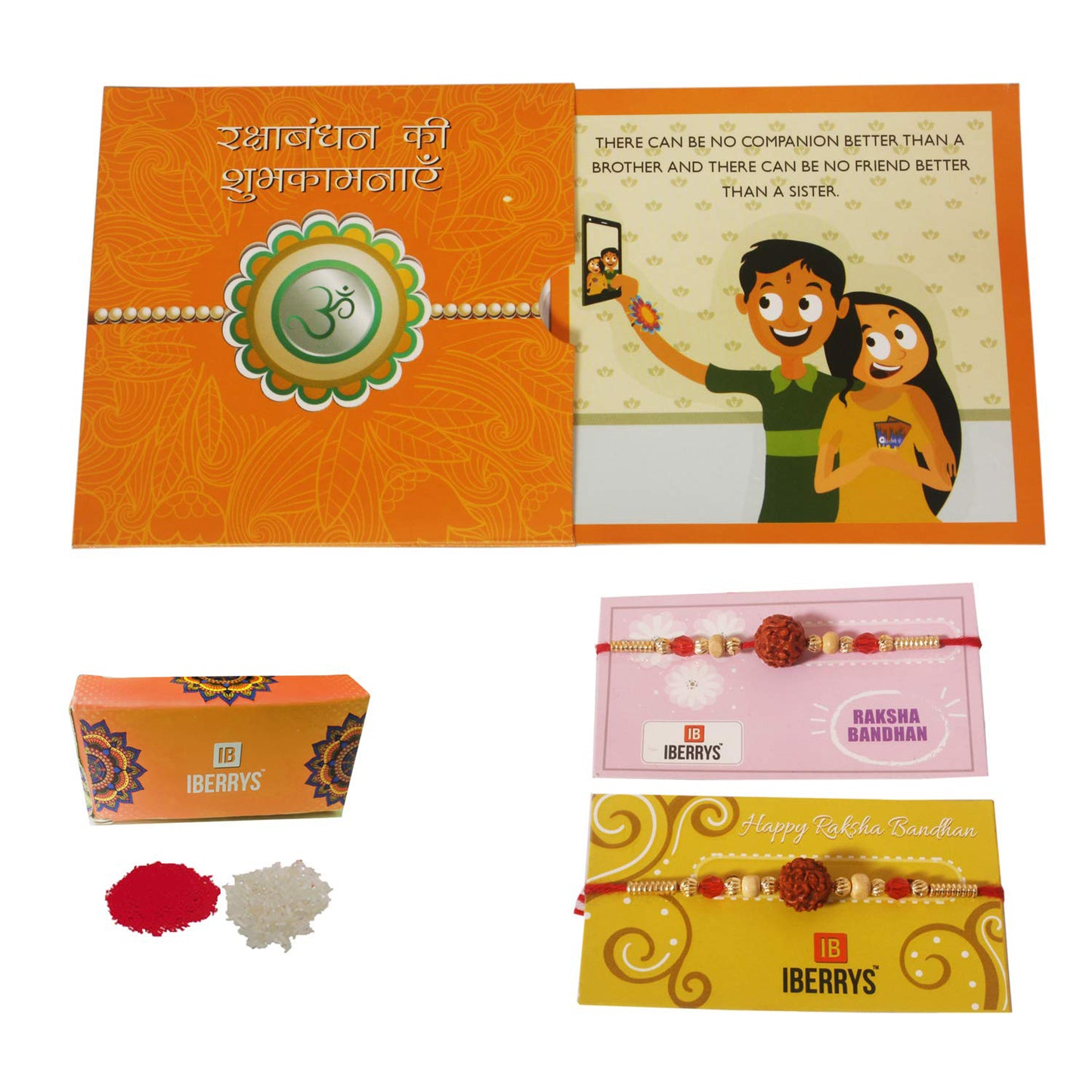 iberry's Rakhi Gift Pack with Set of 2 Rudraksh Rakhi, Greeting Card and Roli Chawal for Brother|Rakhi Combo with Branded Packaging-0202